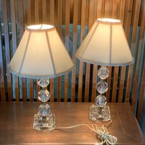 Antique 17” tall boudoir lamps with glass squares.  Cream silk shades